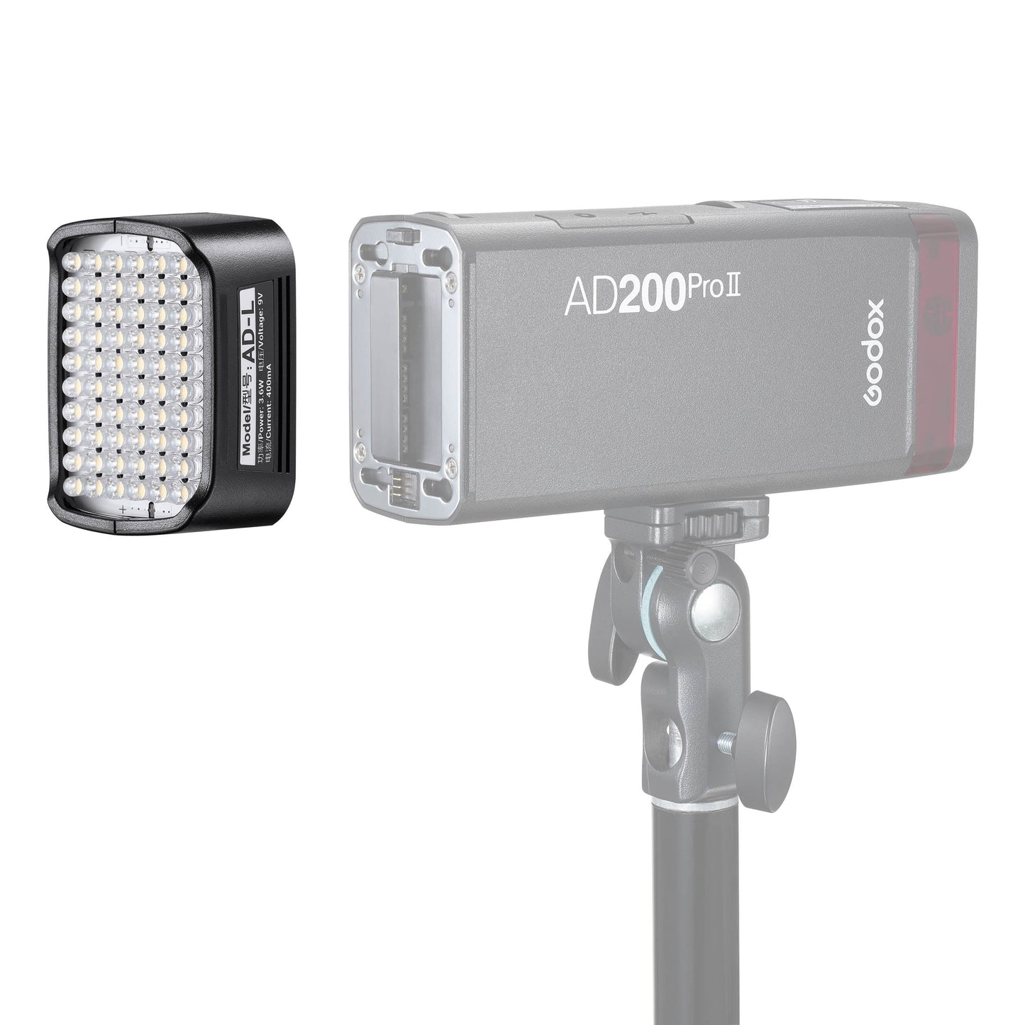 Godox AD-L 3.6W Continuous LED Head being mounted to an AD200ProII