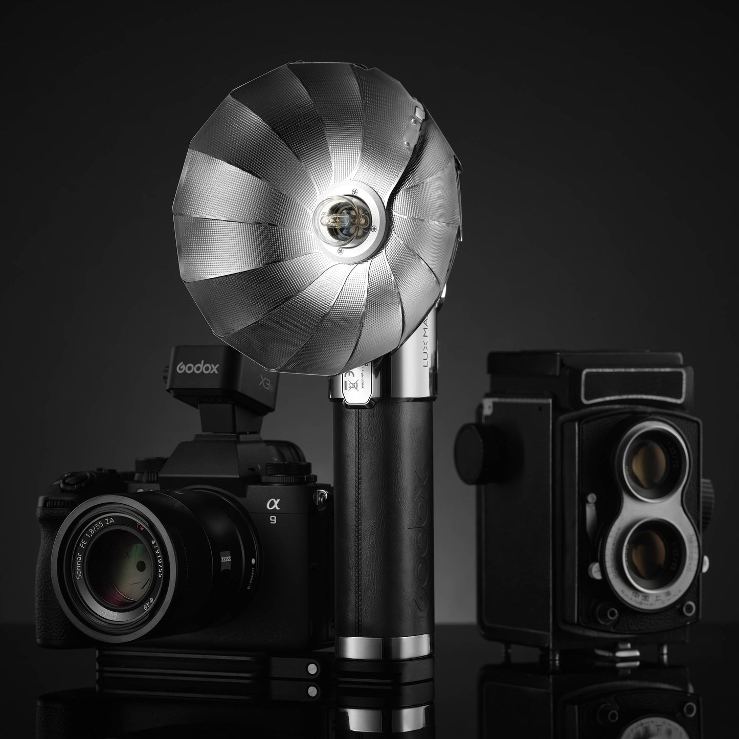 The LUX Master With a Modern Mirroless camera, and an old Twin Lens Reflex Film camera