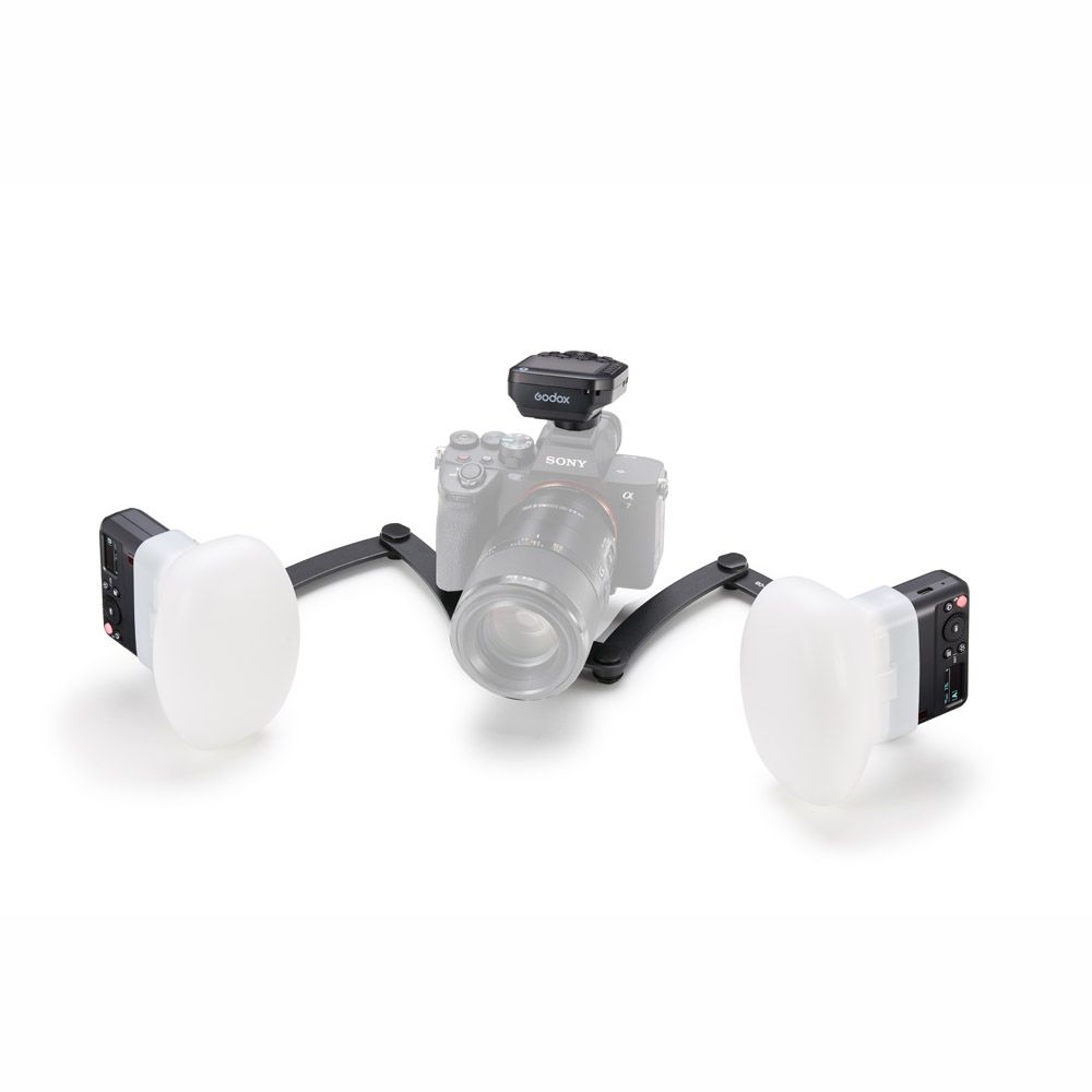 Godox MF12-DK2 Dental Macro Flash Kit for Sony attached to Camera with bracket fully extended with diffusers attached