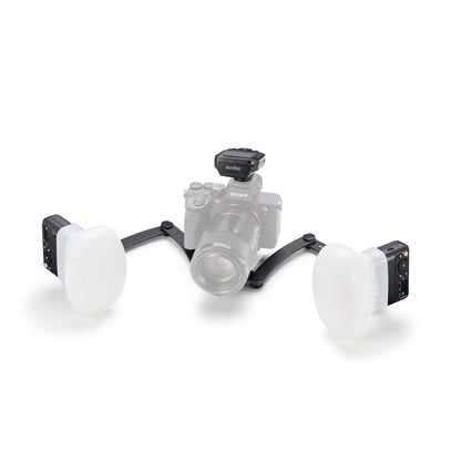 Godox MF12-DK2 Dental Macro Flash Kit for Sony attached to Camera with bracket fully extended with diffusers attached
