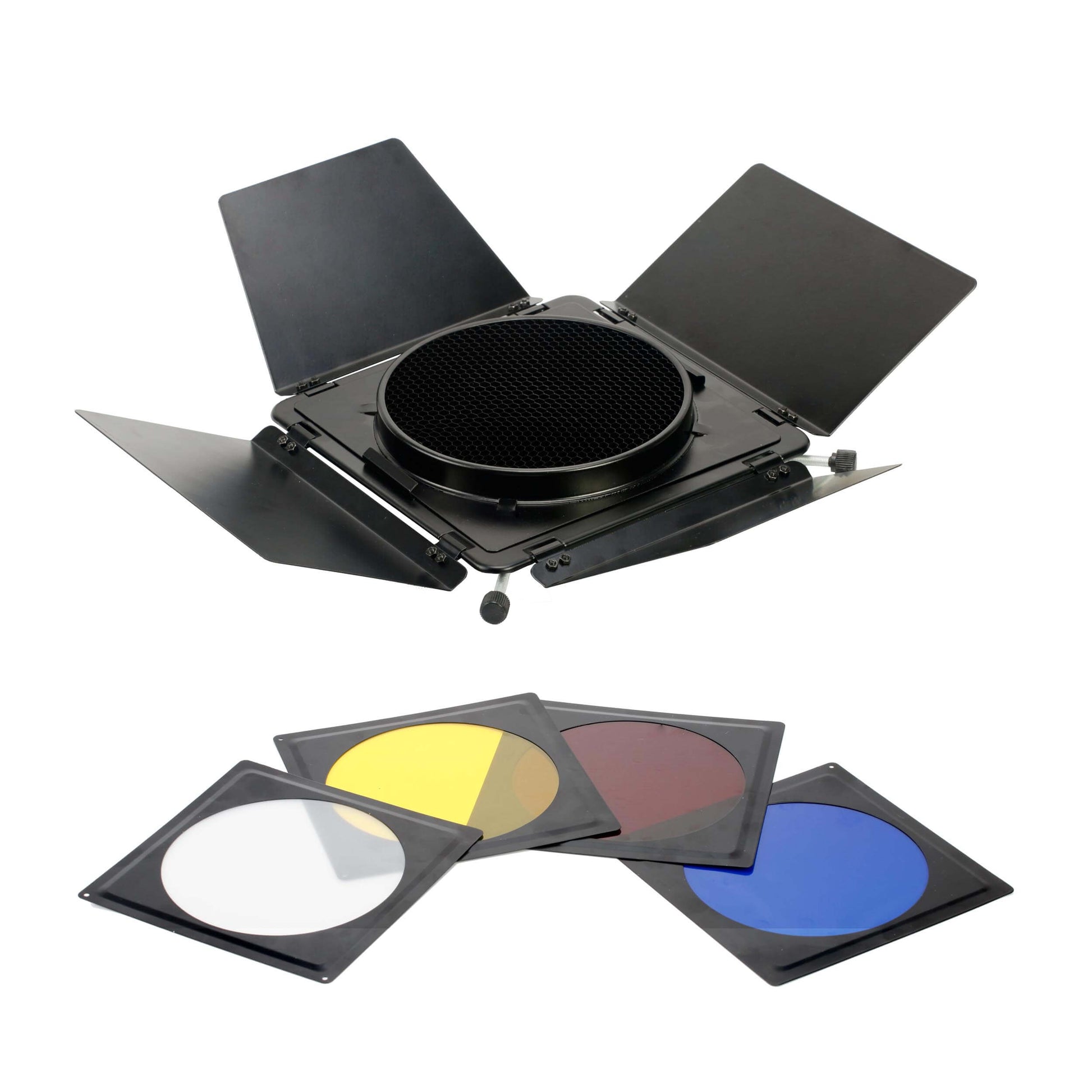 Universal Barndoor With Honeycomb And 4* Colour Gels (Maximum 17.5cm Diameter)