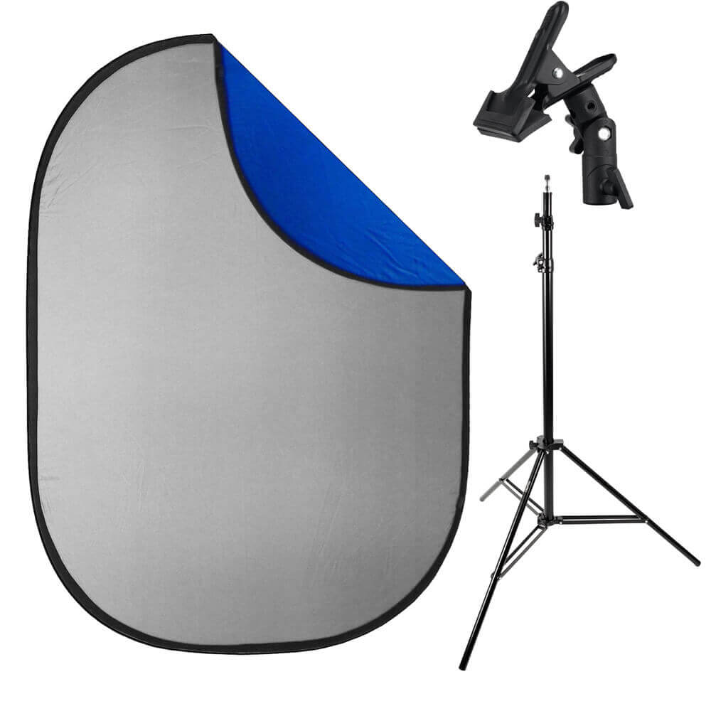 3 ln 1 Blue/Grey Backdrop Photo 1.5x2m, Stand Frame & Clamp
