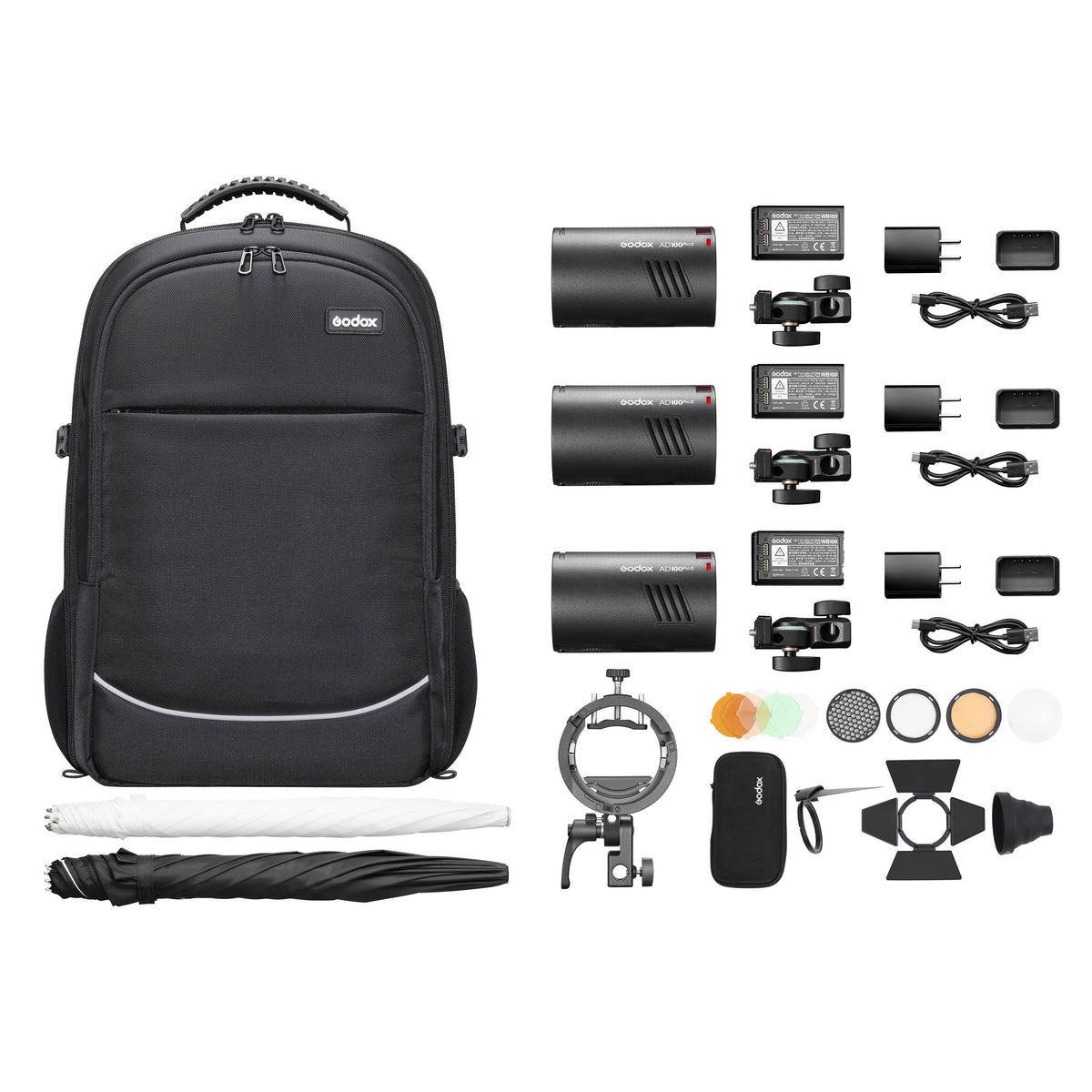 AD100PROII Pocket Flash Three Head Portable Lighting Kit Box Content