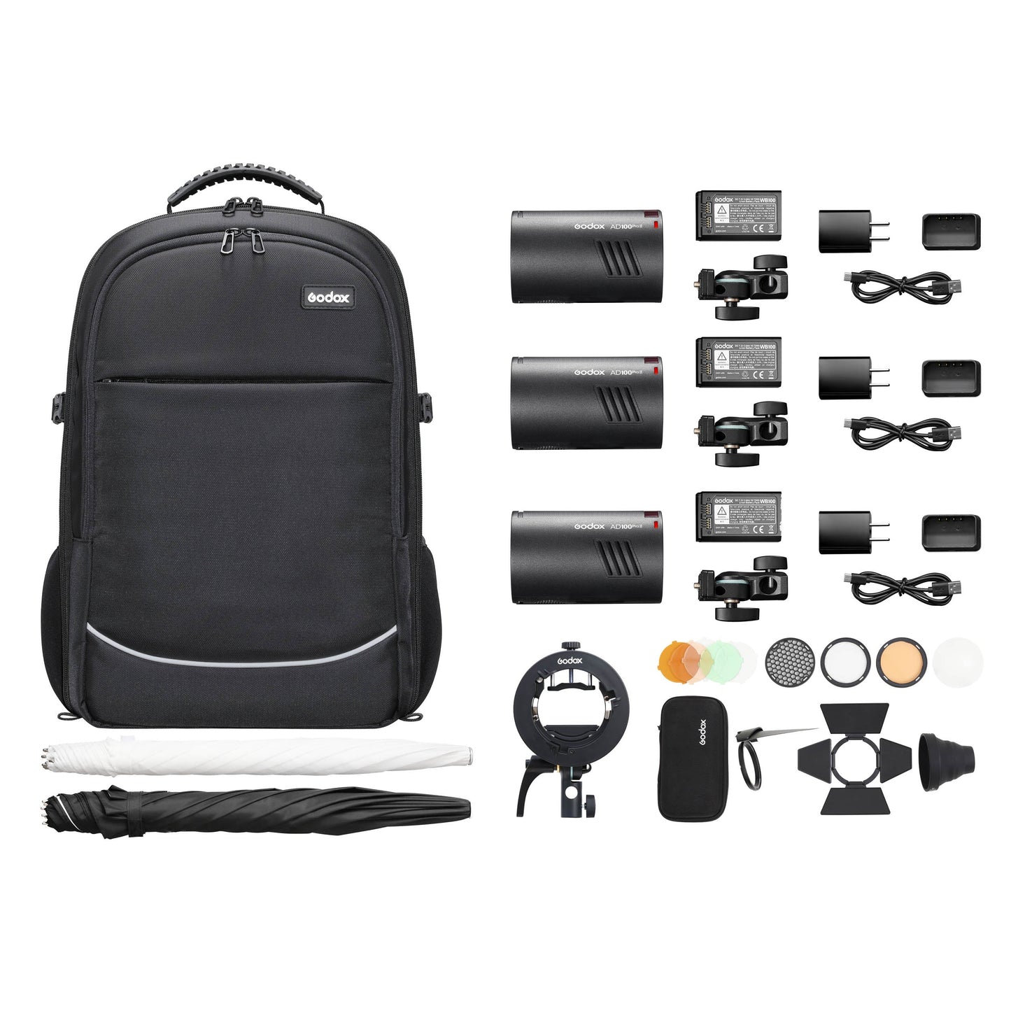 AD100PROII Pocket Flash Three Head Portable Lighting Kit Box Content