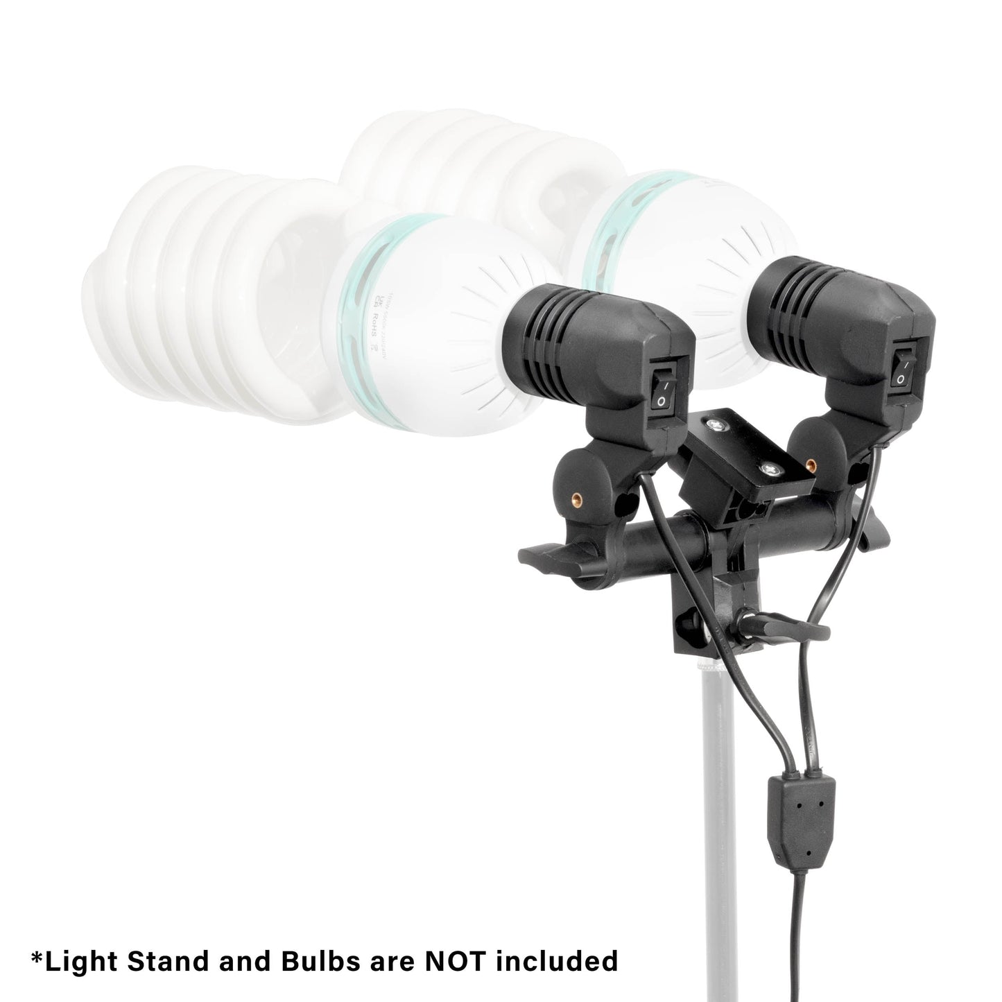 PiXAPRO DUOLiTE Twin E27 CFL Light Fixture with Umbrella slot (Three-Quarter back view with 2x CFL bulbs inserted.