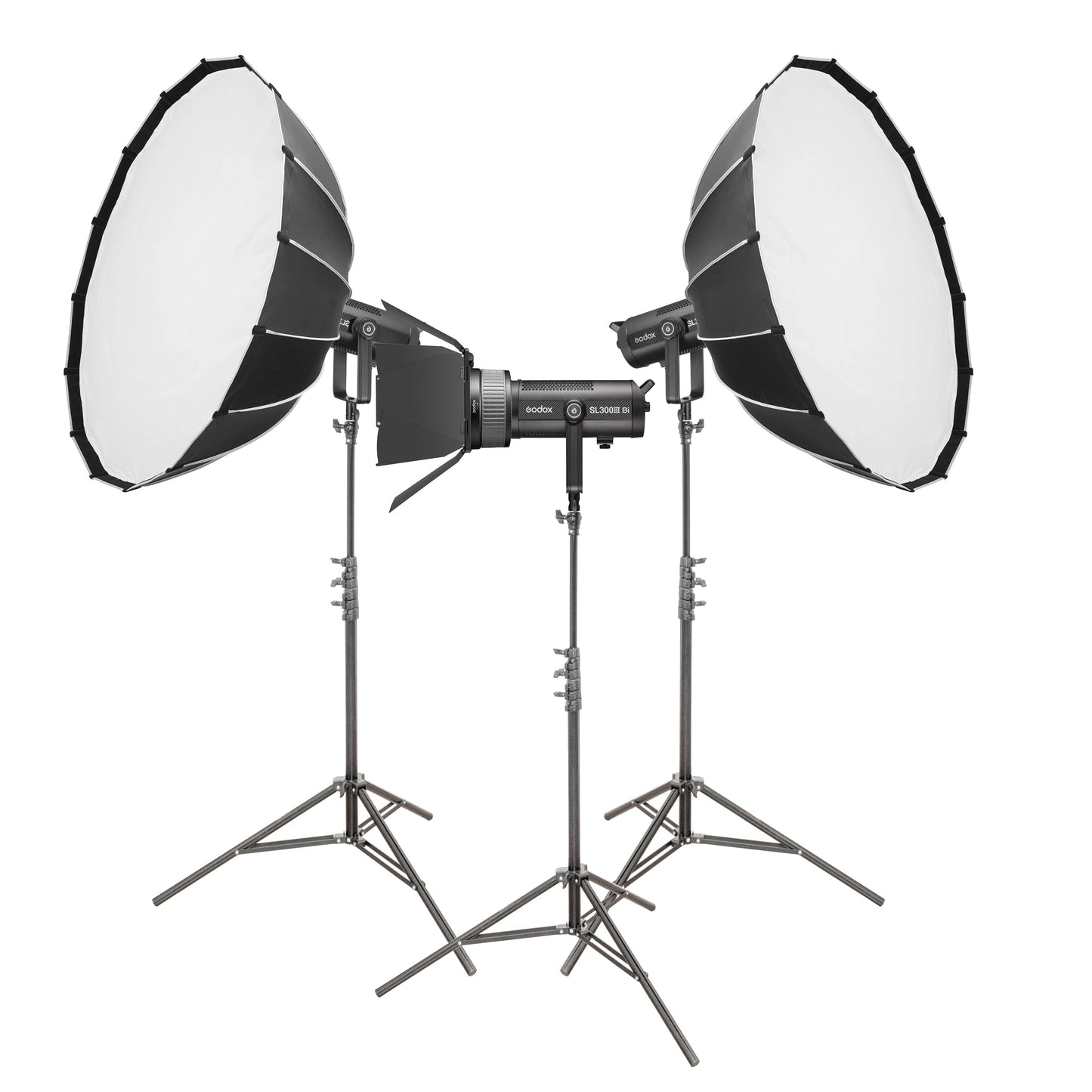 GODOX SL300IIIBI Bi-Colour LED Light Softbox and Lens Three Head Kit
