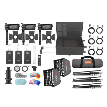 Godox S60 Three Head Focused Beam LED Spotlight Complete Kit 