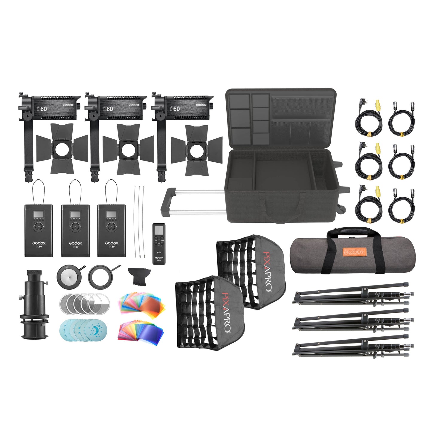 Godox S60Bi Bi-Colour Adjustable LED Focus Spotlight Triple Kit 