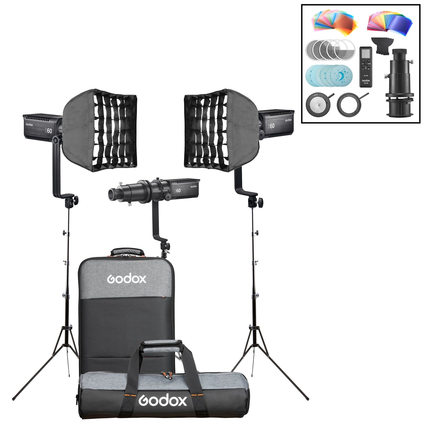 Godox S60Bi Bi-Colour Adjustable LED Focus Spotlight Triple Kit 