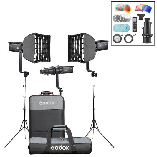 Godox S60Bi Bi-Colour Adjustable LED Focus Spotlight Triple Kit 