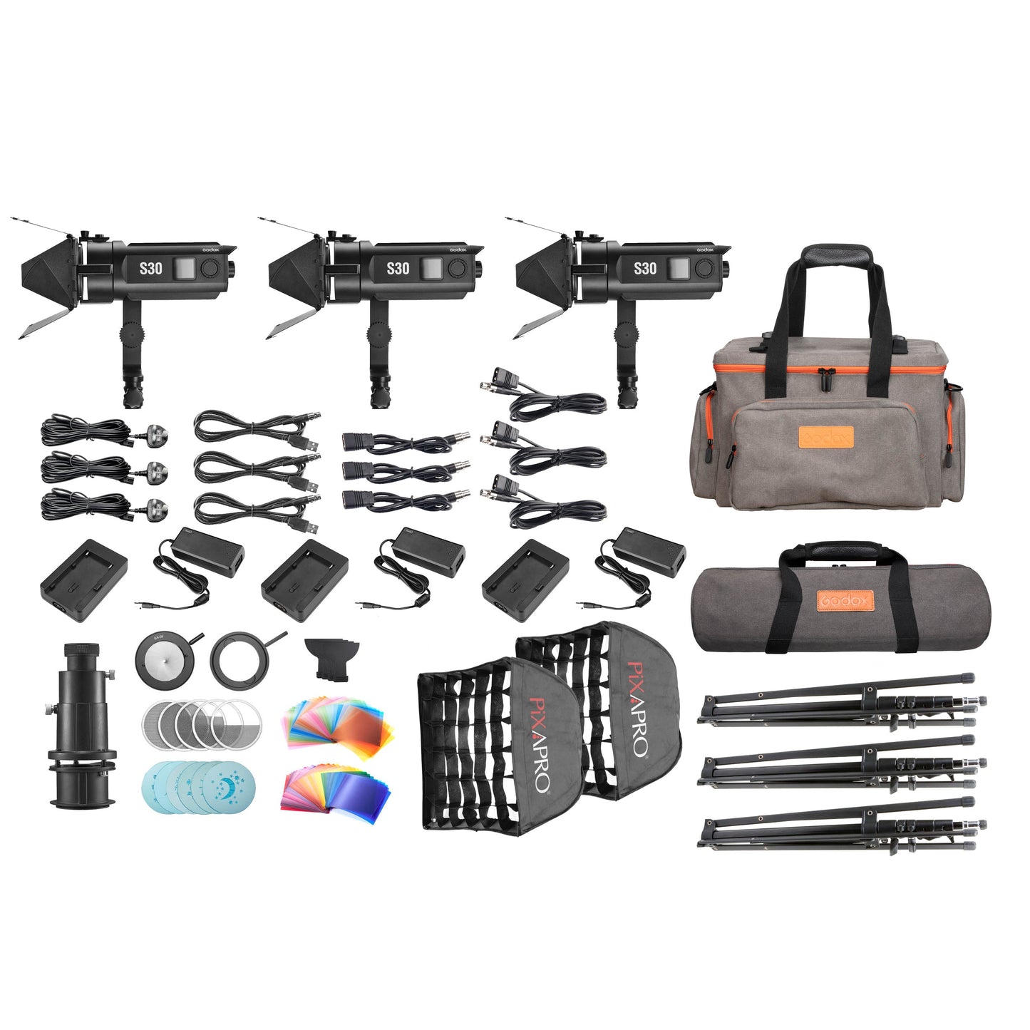 Godox S30 Three Head Daylight-Balanced LED Focus Spotlight Kit 
