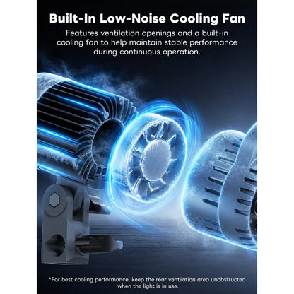Illustration of a cooling fan with text about built-in low-noise cooling feature.