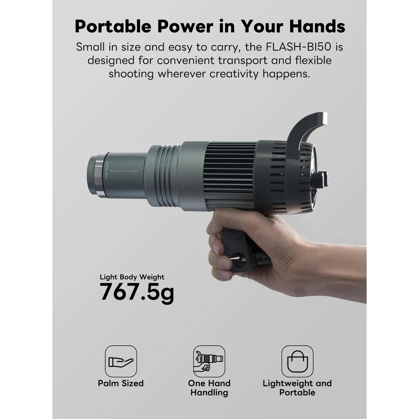 Handheld flash light with text about its features and weight on a gray background