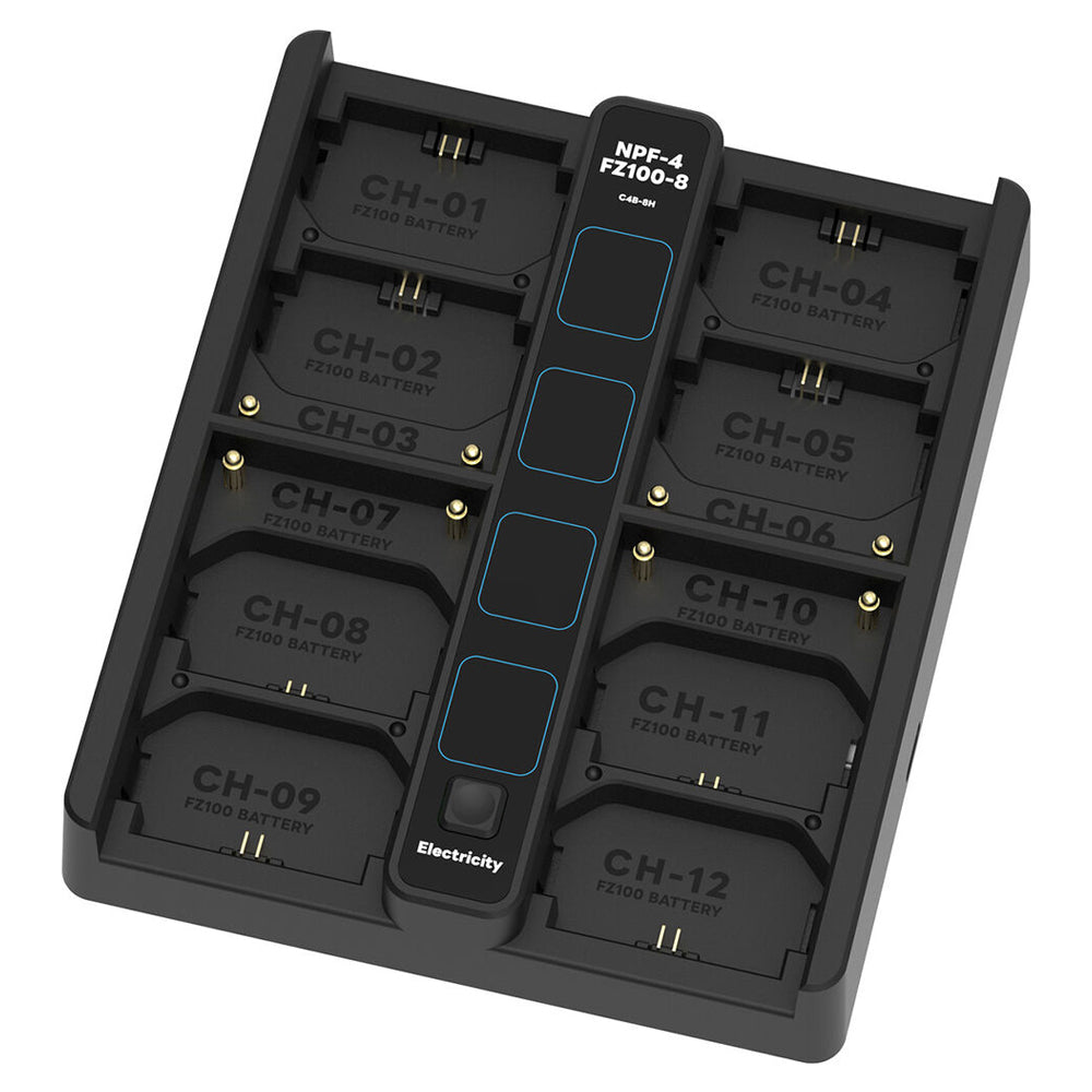 DigitalFoto 8/4-Bay Quick Charger for Sony NP-F & NP-FZ100 Batteries Angled View