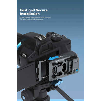 Camera with a mount on a blue background, highlighting fast and secure installation feature.