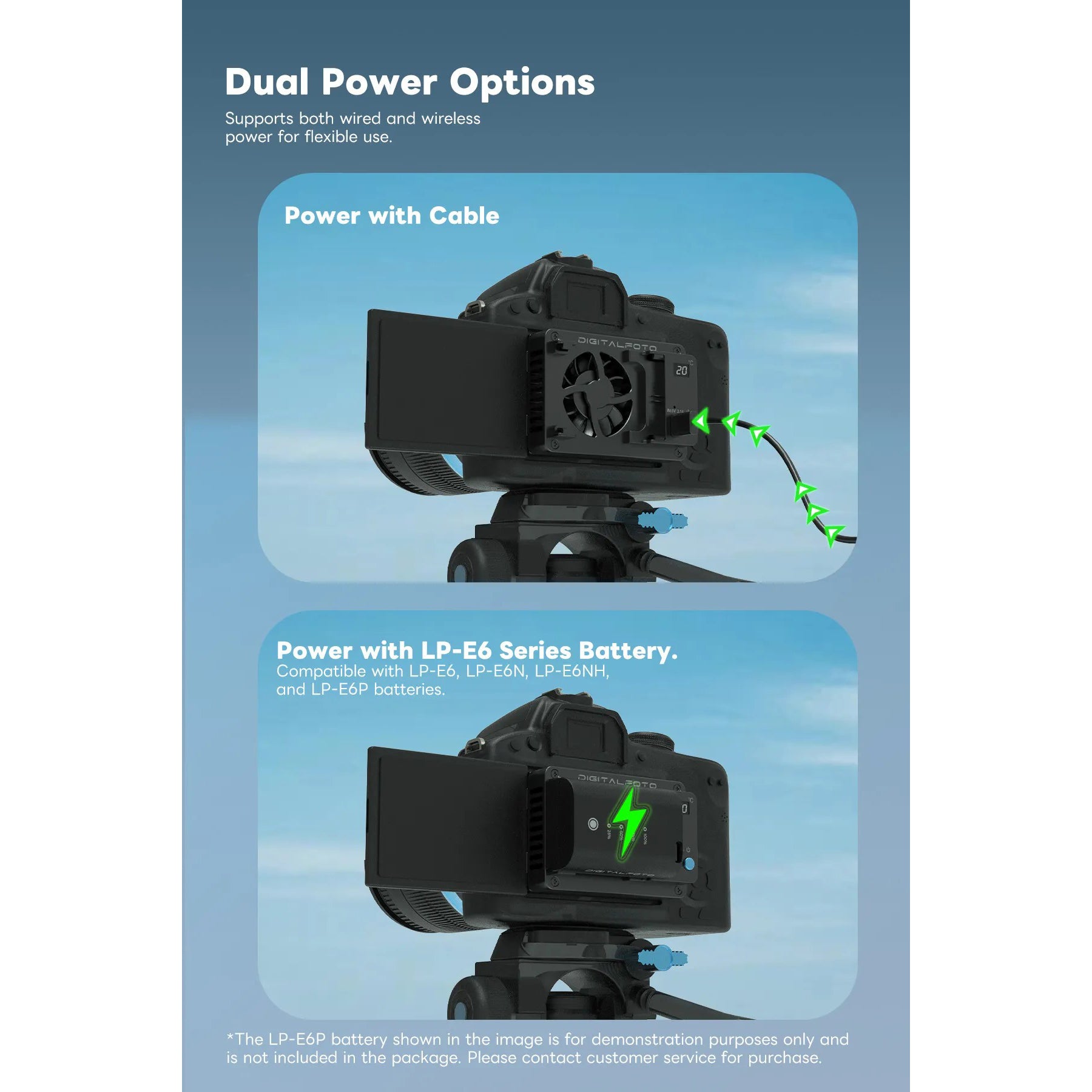 Camera with dual power options illustration on a blue background
