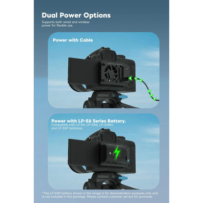 Camera with dual power options illustration on a blue background