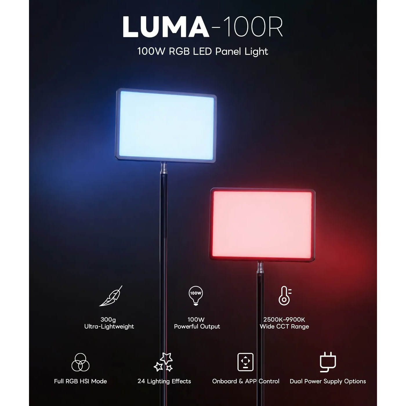 LUMA-100R 100W RGB LED Panel Light with features on a dark background