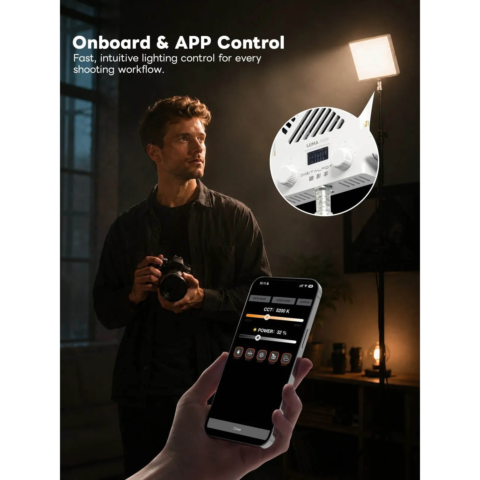 Person holding a camera with a smartphone displaying control app, surrounded by lighting equipment.