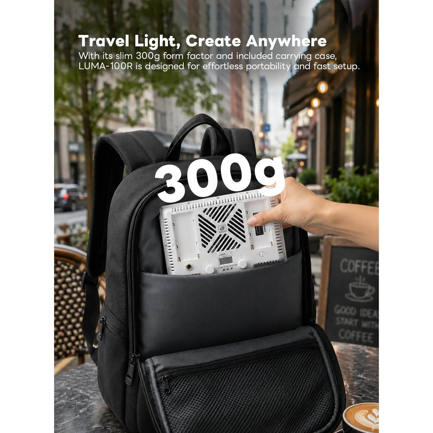 Black backpack with a device labeled '300g' being placed inside, set against an urban background.
