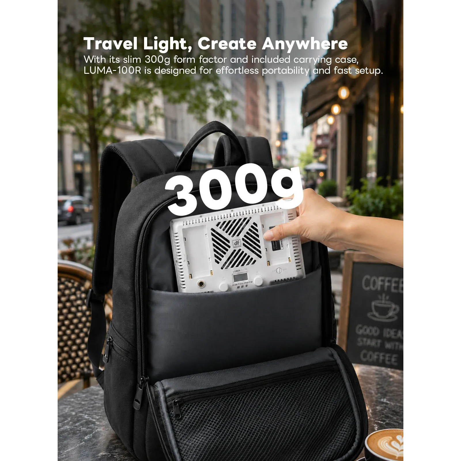 Black backpack with a device labeled '300g' being placed inside, set against an urban background.