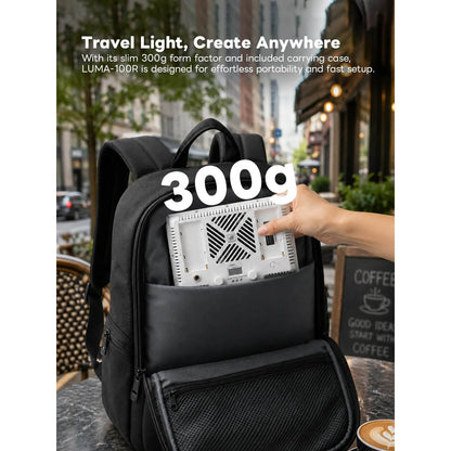 Black backpack with a device labeled '300g' being placed inside, set against an urban background.