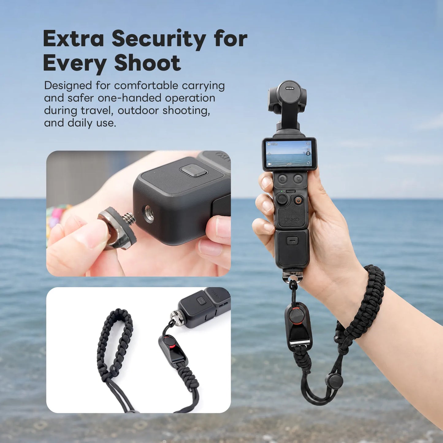 DigitalFoto PK-4 DJI OSMO Pocket 4 All-in-One Creator Kit with a wrist strap and additional security features against a blurred water background