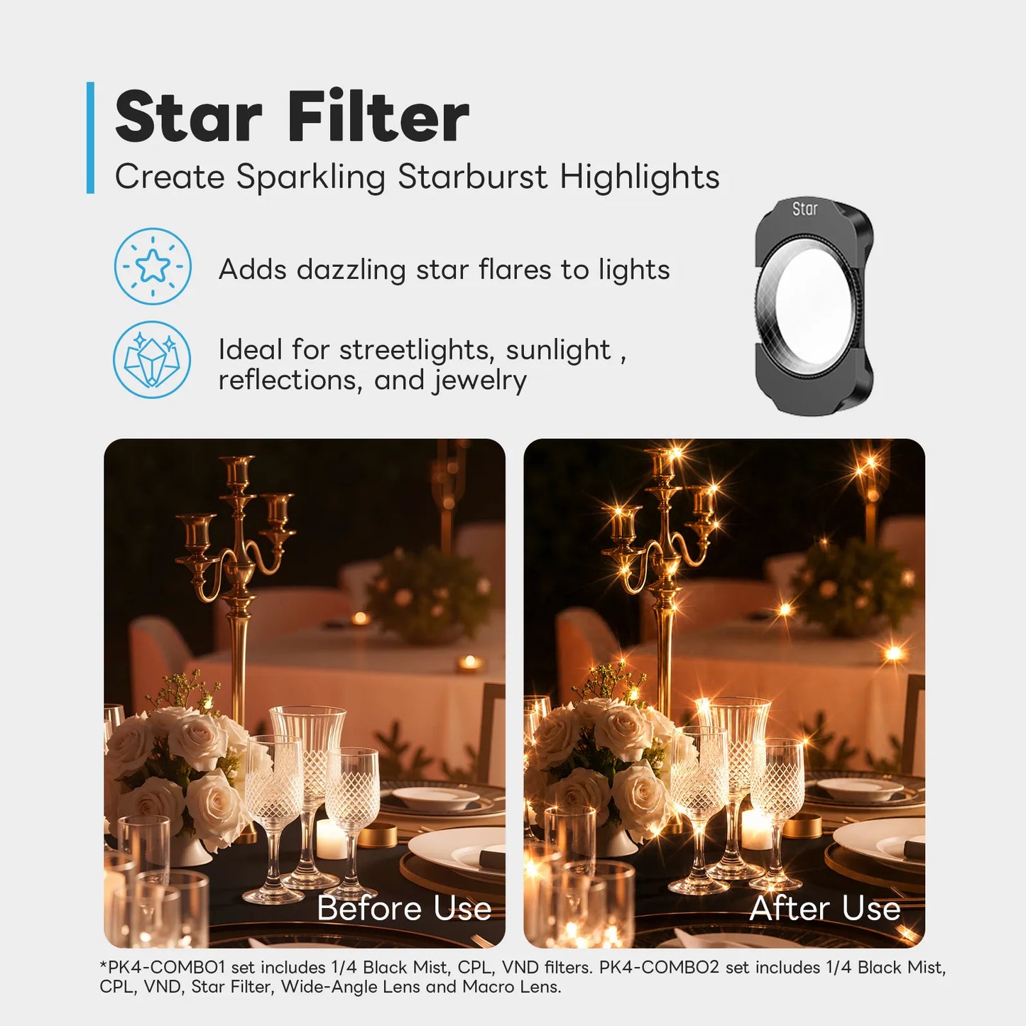 Star Filter for OSMO Pocket 4 with before-and-after restaurant set comparison on a light grey background