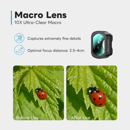 Macro lens attachment for the DJI OSMO Pocket 4 with images of a ladybug on a leaf before and after using the lens.