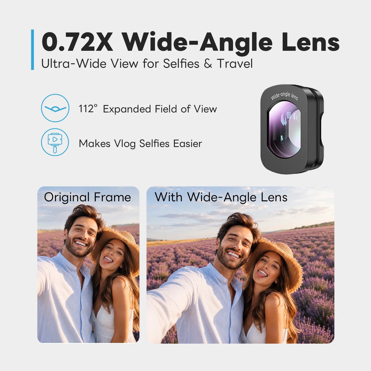 Wide-angle lens for OSMO Pocket 4 with before-and-after selfie comparison on a light gray background