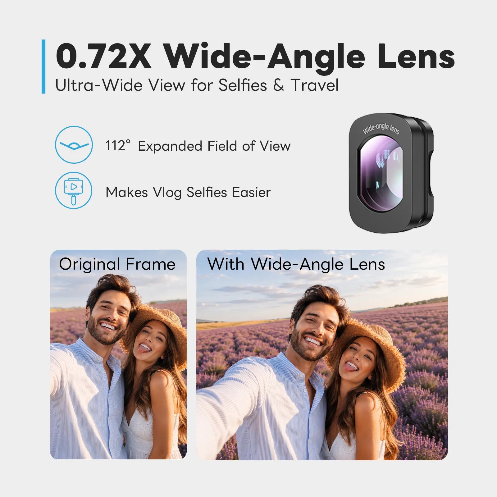 Wide-angle lens for OSMO Pocket 4 with before-and-after selfie comparison on a light gray background