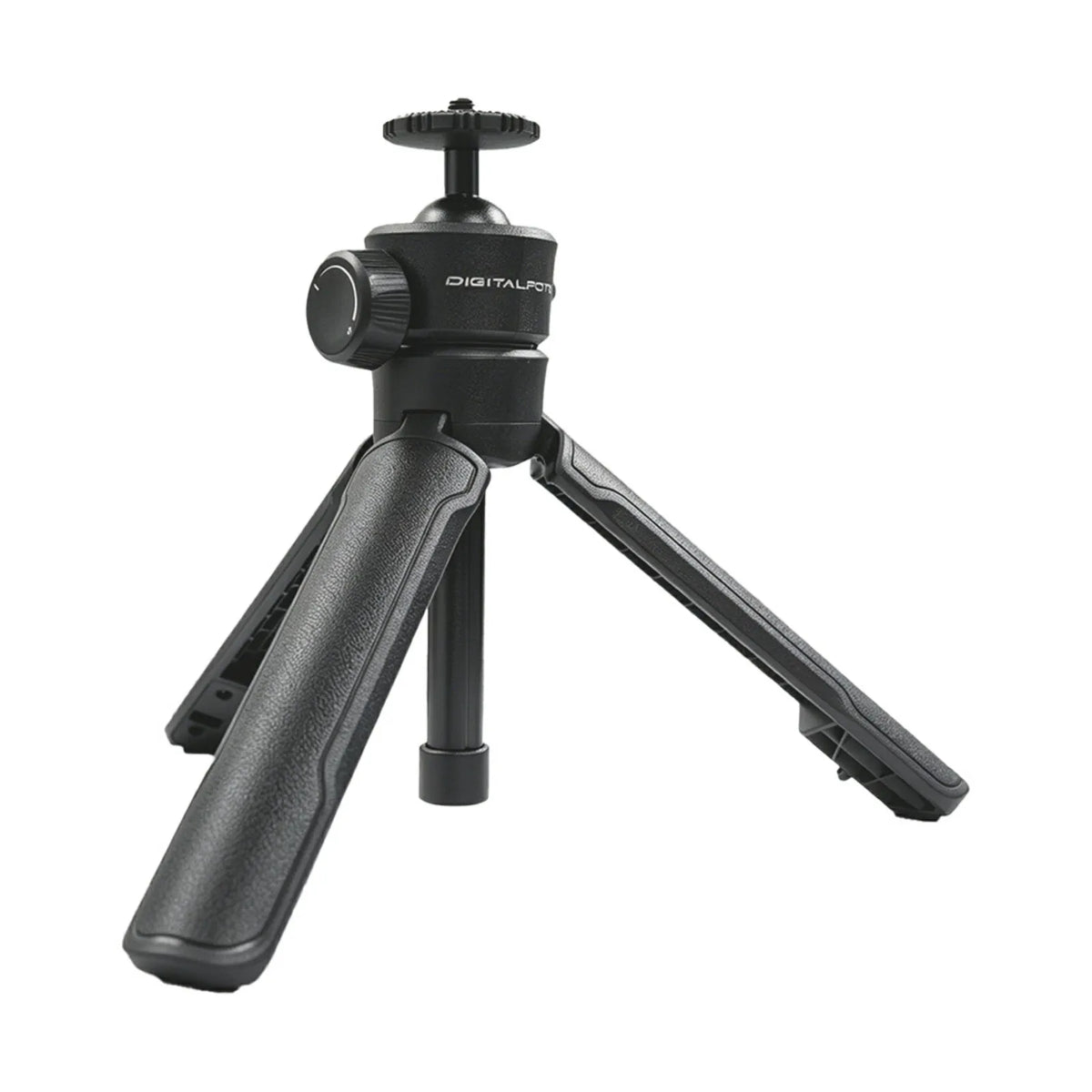 Black portable tripod with adjustable head on a white background