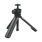 Black portable tripod with adjustable head on a white background