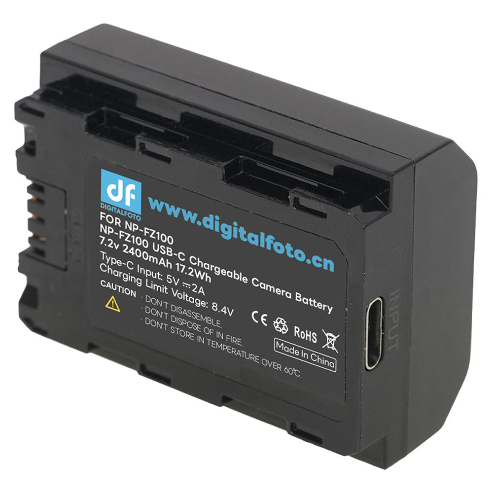 DigitalFoto NP-FZ100 Battery with USB-C Charging Port (2400mAh) rear View showing connection options