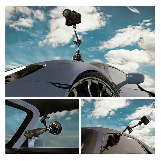 Showing various ways that the DigtalFoto SNIPER-EPUCK 4.5" Electronic Suction Cup Camera Mounting System can be used 