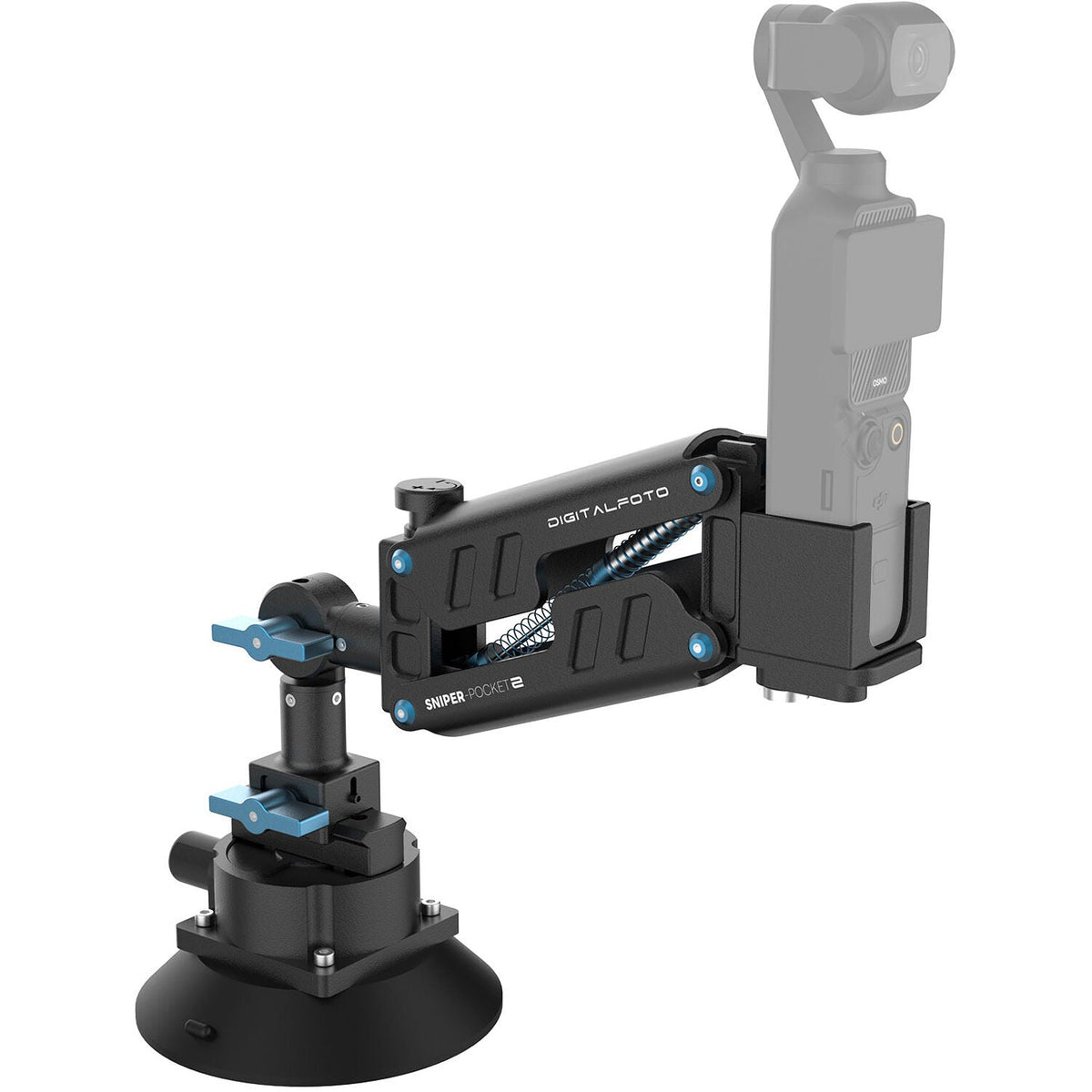 Camera stabilizer with a camera attached on a white background