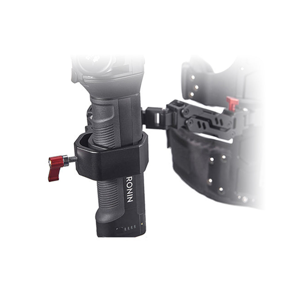 DigitalFoto THANOS Support Vest with Spring Arm for Single-Handle Gimbals Close up of Gimbal in Bracket