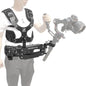 Person wearing a DigitalFoto THANOS PROCII camera stabilising vest holding a camera rig on a white background
