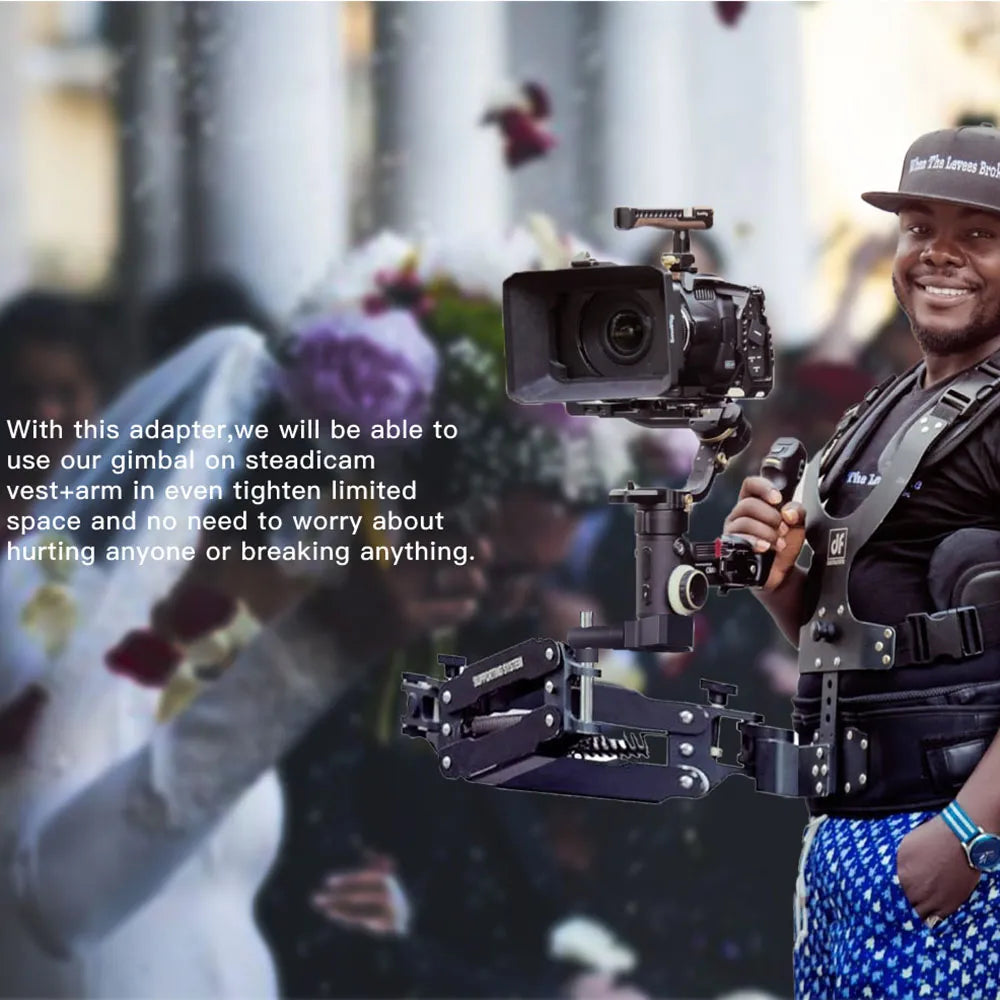 Person wearing a DigitalFoto THANOS PROCII  camera stabiliser vest with text about its features