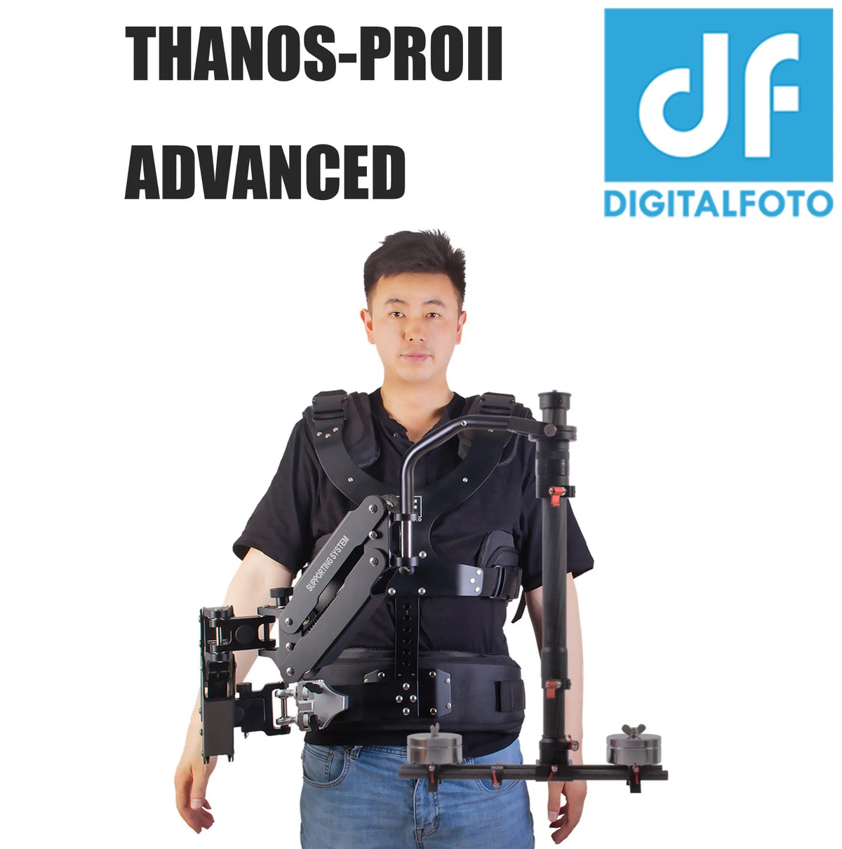 A Man Wearing a DIGITALFOTO THANOS-PROII ADVANCED Gimbal Support System