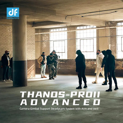 A group of people in a large industrial-style room with 'DigitalFoto' branding and text about 'Thanos-Pro II Advanced' camera gimbal support.