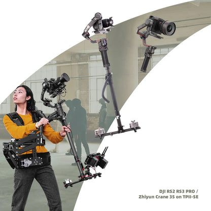 Person holding a DIGITALFOTO THANOS-PROII ADVANCED Gimbal Support System camera stabiliser with multiple camera heads, set against a blurred outdoor background.