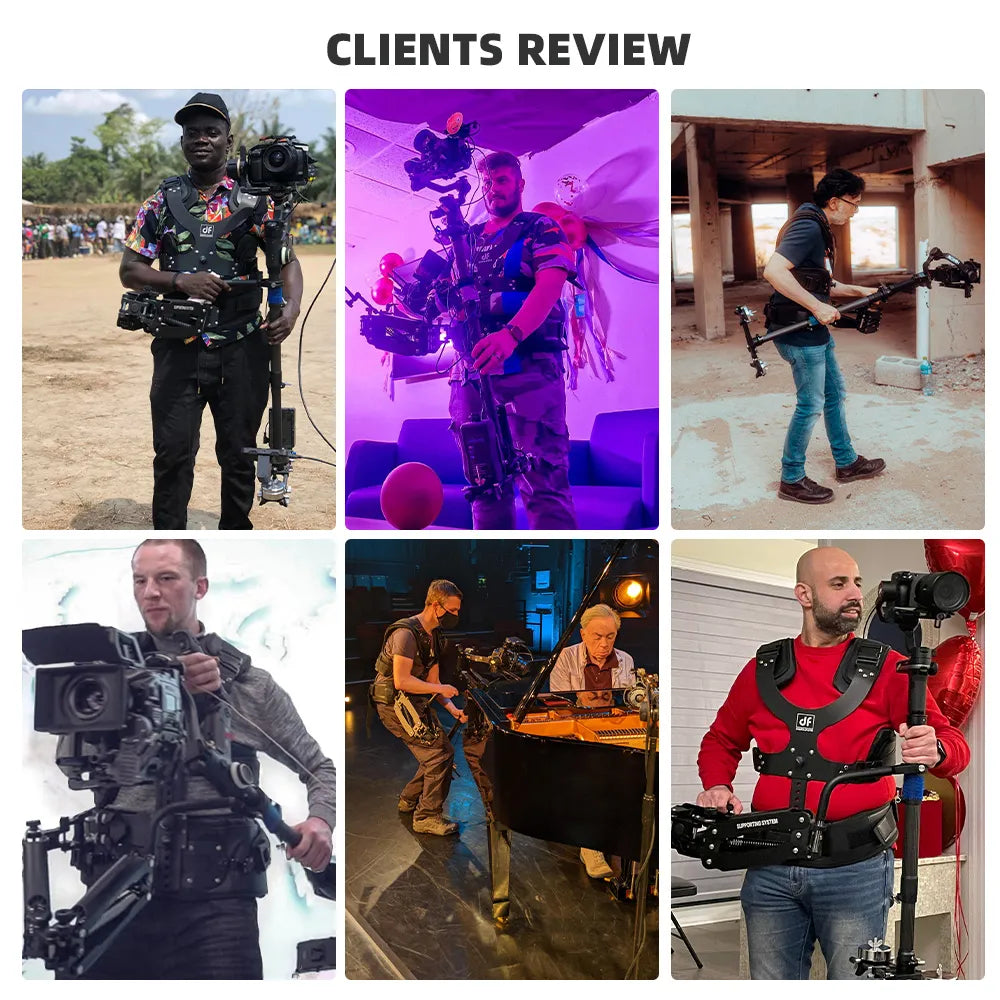 '-six images of the DIGITALFOTO THANOS-PROII ADVANCED Gimbal Support System being used in various scenarios