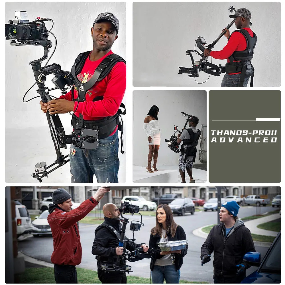 Person using a DIGITALFOTO THANOS-PROII ADVANCED Gimbal Support System camera stabiliser system with multiple shots of the device in use.