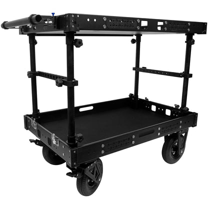 Black industrial cart with multiple shelves and wheels on a white background
