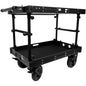Black industrial cart with multiple shelves and wheels on a white background