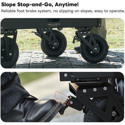 Reliable foot brake system for a vehicle with text highlighting its features.