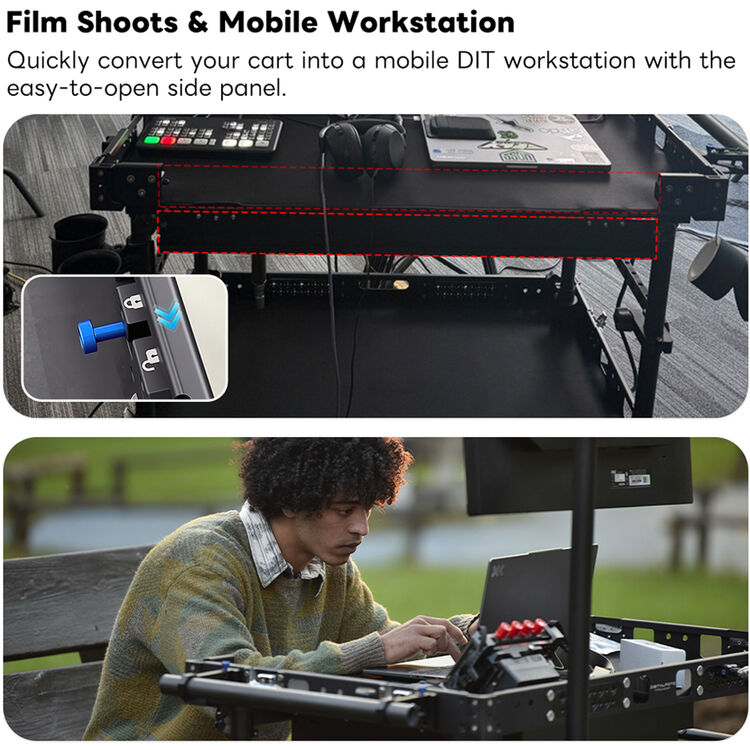 Film shoots and mobile workstation with cart and side panel, person using laptop outdoors.