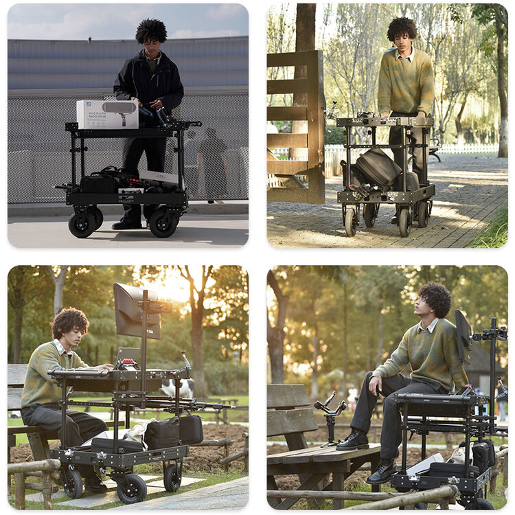 Collage of a person using a portable work station in various outdoor settings.