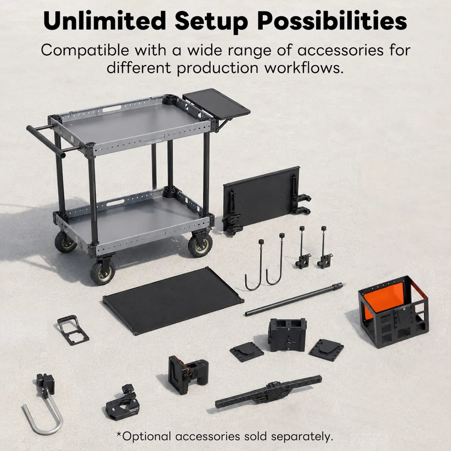 DigitalFoto TITAN LITE 36" Lightweight Video Cart surrounded by various accessories to extend its versatility
